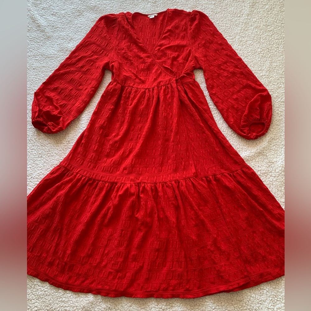 MONKL Red Wrap Long-Sleeve Dress (US 8)
